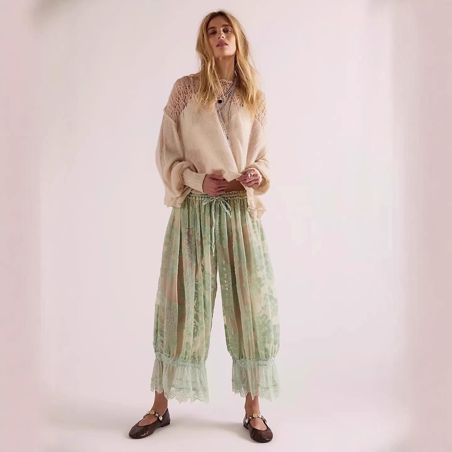 2026 European & American Style Women s Lace Trim High Waist Lantern Pants - Loose Casual Fashion Cropped. Small