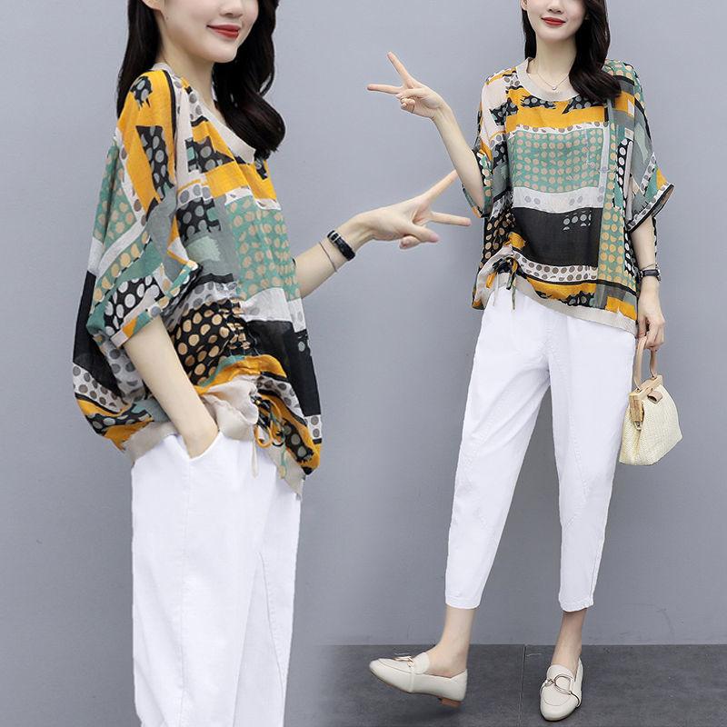 2 Piece Sets Women Casual Tops and Pants Summer Simple Style Vintage Embroidery Loose Female Suit