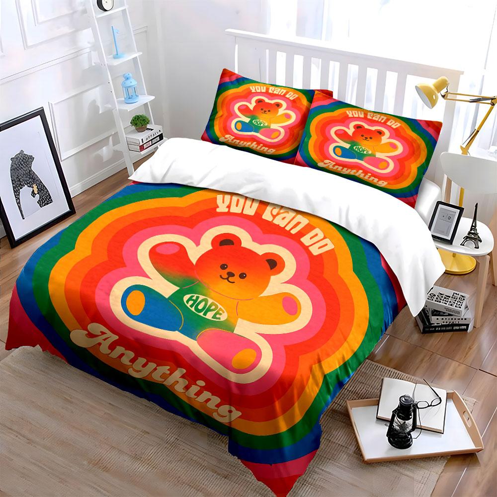 Colorful Bear with Hope Message Bedding Duvet Cover Set Duvet Cover Pillowcases (1*Duvet Cover 2*Pillowcases, without duvet insert)