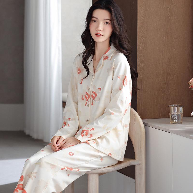Women's Pure Cotton Long Sleeve Pajama Set - Casual Two-Piece with Simple Print for Home or Outwear