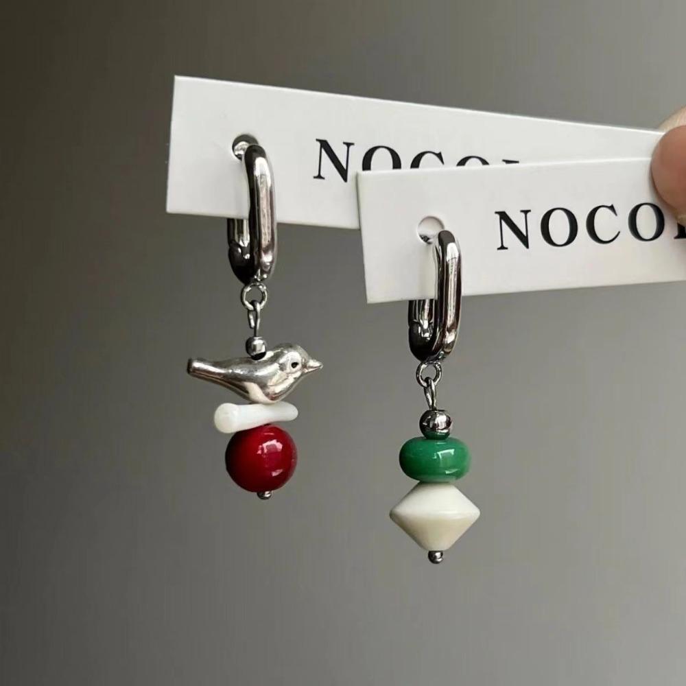 New Chinese-style Creative Geometric Beaded Little Bird Pendant Asymmetry Hoop Earring for Women Retro Personality Jewelry Gifts