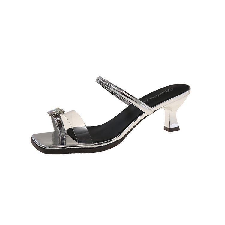 

Fairy diamond fashion heel shoes feng shui transparent square head one word summer thin heel sandals cover toe sandals female medium 40 срібний