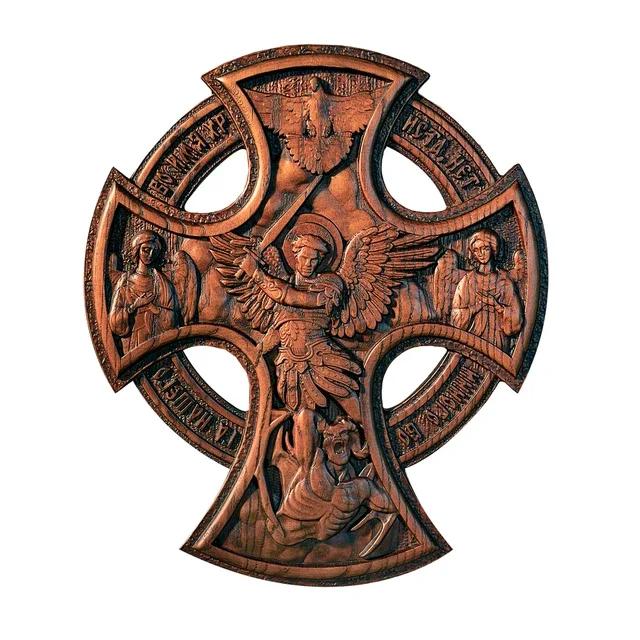 Vintage St. Michael's Church Orthodox Archangel Cross Home Wall Decor, Wood Carving, Table Decoration
