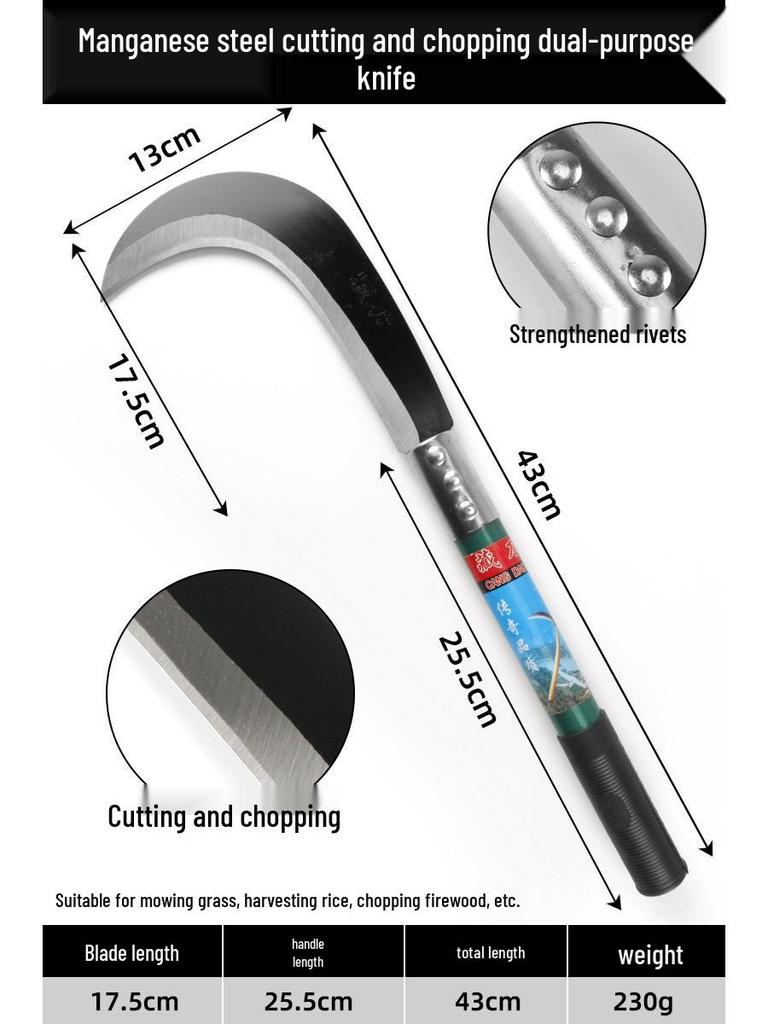 All-Steel Curved Dual-Use Outdoor Sickle: Manganese Steel Weeding and Grass Cutting Tool
