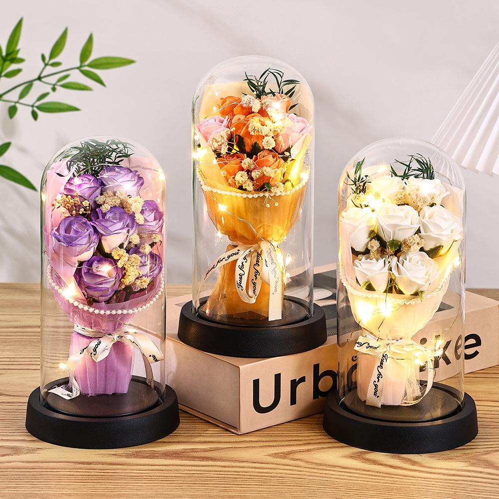 Qixi Festival Valentine's Day Gift Pearl Yarn Eternal Flower Rose Glass Cover Creative Birthday Gift Ornament