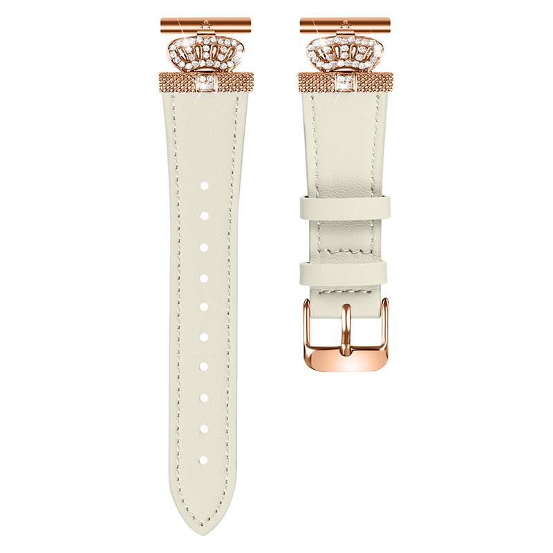 

For GarminMove 3/Vivomove 3 Watchband Genuine Cow Leather Strap,Rose Gold Connector with Rhinestone Crown Decor Apricot