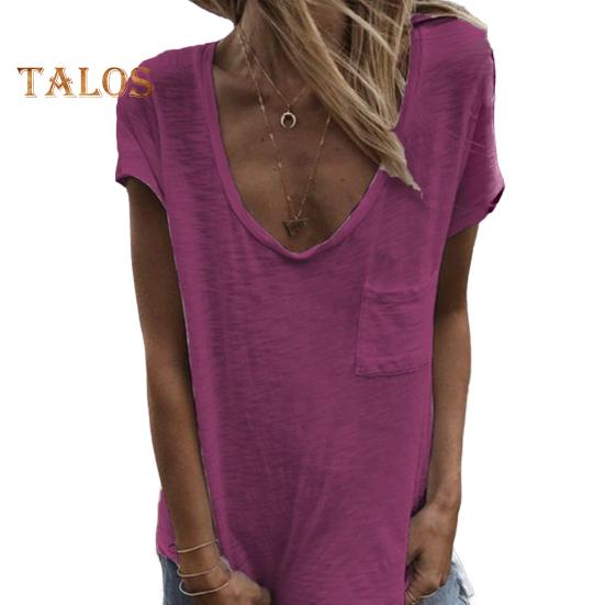 

Жіноча футболка з круглим вирізом, коротким рукавом, накладною кишенею, однотонна, вільного крою, тонка, пуловер, топи для повсякденного носіння M рожевий червоний колір