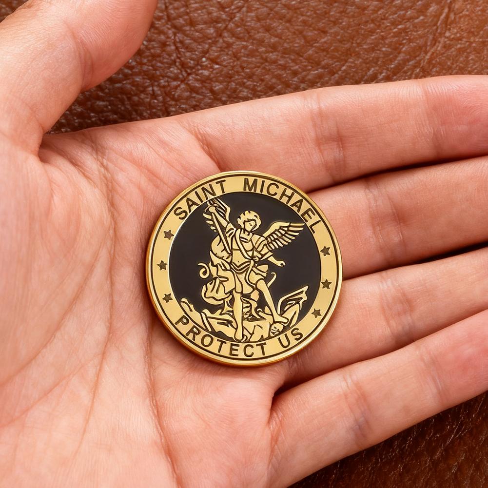 Cazador Saint Michael Protect Us Lapel Pins Women's Brooch Stainless Steel Christian Religious Jewelry Angel Brooch Men's Badges