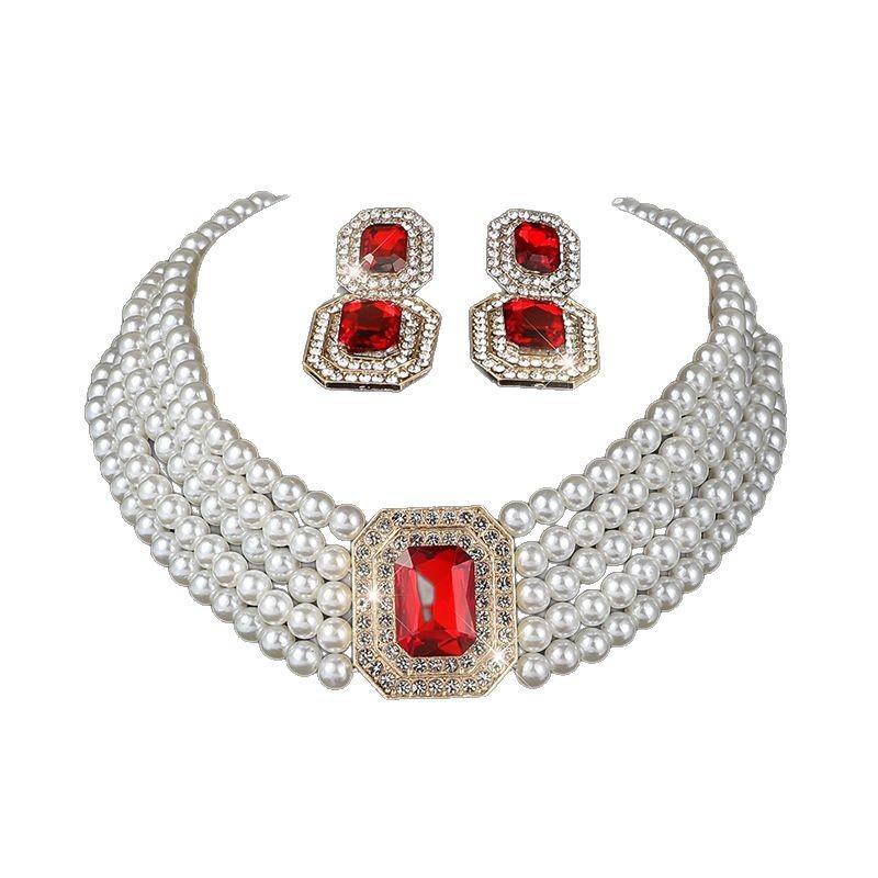 Multi-layer imitation pearl geometric rectangular crystal necklace earrings bridal choker diamond necklace collar women