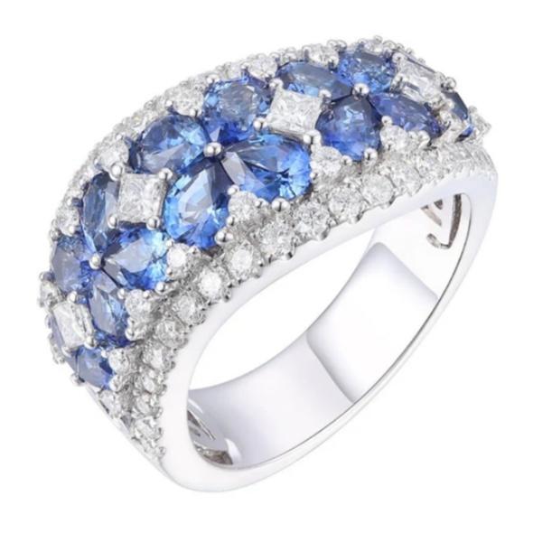 Luxury Inlaid Sea Blue White CZ Flower Women's Ring Trendy CopperColor Geometry Daily Wear Party Jewelry Anniversary Gift