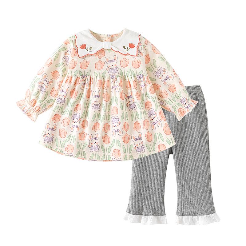 

Girls Floral Print Cotton Two-Piece Set - Long Sleeve Top & Pants for Spring/Autumn 130 cm