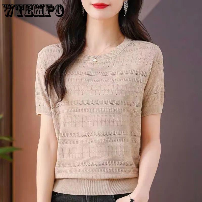 Women Round Neck Hollow Striped Knit T-shirt Short Sleeve Thin Summer Casual Knitted Blouse Tops