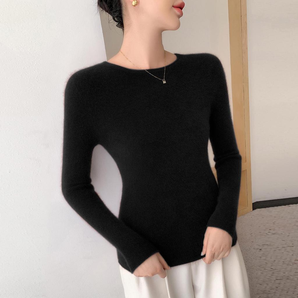Women's Wool-Cashmere Slim Fit Seamless Sweater, Long Sleeve, Versatile Knit Base Layer with Round Neck and Rolled Hem.