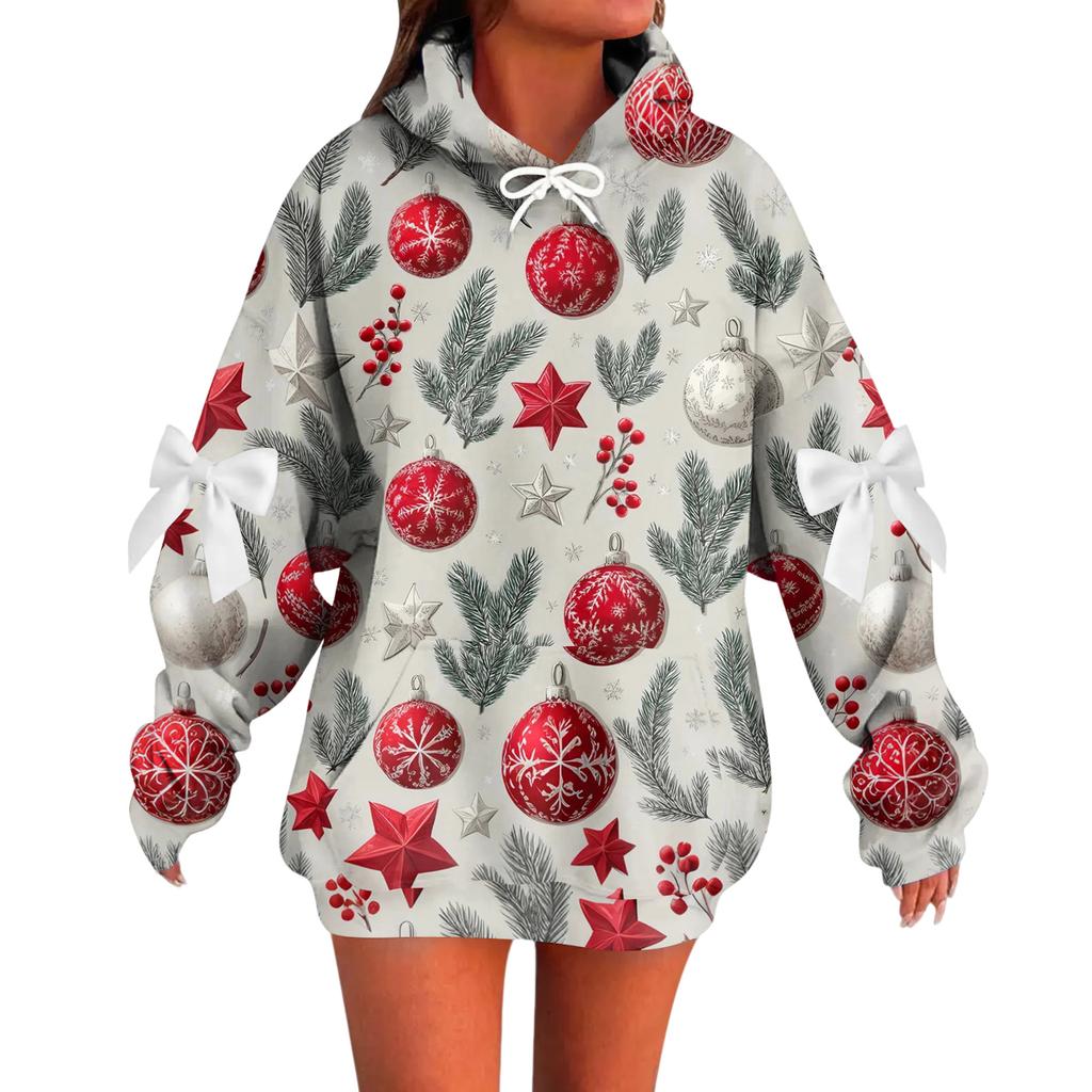Ladies' Christmas Printed Bow Long Sleeved Loose Fitting Headband With Rope Hooded Sweatshirt Top