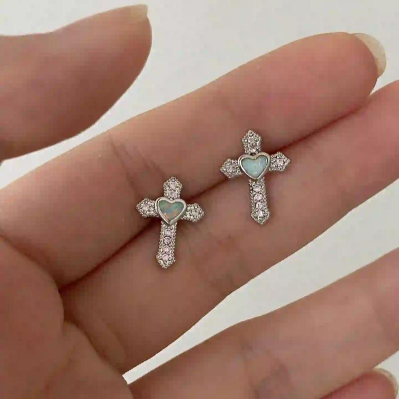 

Gothic Punk Rhinestones Cross Stud Earrings for Women Men Personality Hip-Hop Heart Crystal Earrings Statement Jewelry Gifts