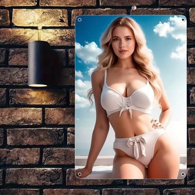 Vintage Dívka v bikinách Kovový hliníkový fóliový znak 8x12 palců - Předvrtaný pro snadné zavěšení Plážové téma Dekorace pro dům Garáž Klub Restaur