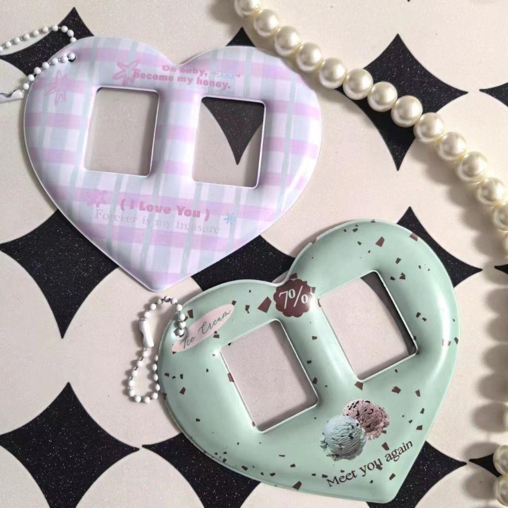 Creative Love Heart Photocard Holder 1 inch 2 Slots Card Holder with Keychain Cute Bag Pendant for Girls