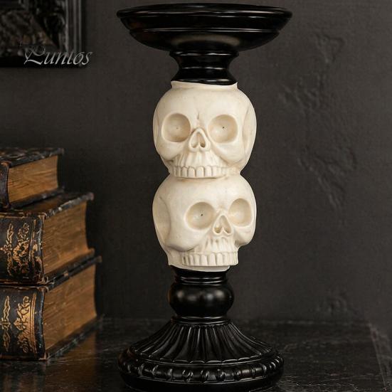 Vintage Gothic Table Centerpiece Halloween Candlestick Holder Decoration, Raven Skull Candle Holder, Spooky Decor for Home Taper Stand Tabletop