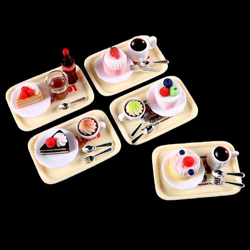 1Set Dollhouse Miniature Cheese Cake Coffee Cake Dessert Set Pretend Food Mini Cake For Bjd Dolls Toys Accessories