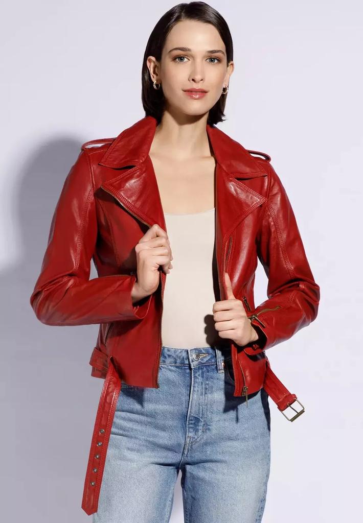 AL KHALID Motorcycle Style RED Women's Jacket Biker Stylish Real Soft Lambskin Leather