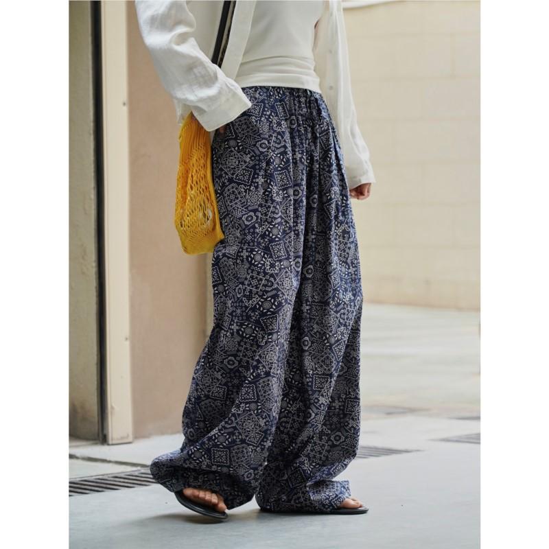 Johnature Bohemian Ethnic Style Cashew Flower Wide-leg Casual Women Pants Summer Long Casual Trousers