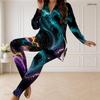 Women Plus Size Multicolor Printed Half Zip Long Sleeve Longline Top Fitted Pants Two Piece Set