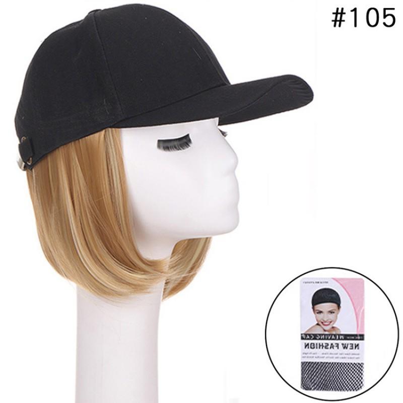Perruque Bob Court pour Femme avec Casquette de Baseball Intégrée Pièce Capillaire Noir Naturel Cheveux Synthétiques Résistants à la Chaleur Look Élégant