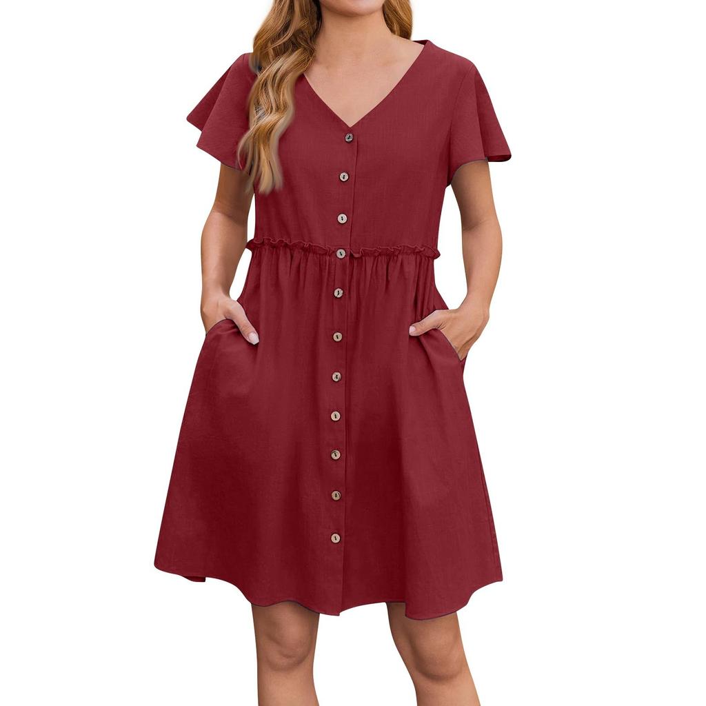 Women's Fashion Solid Color Casual Bohemian Vacation V Neck Short Sleeved Ruffle Edge Dress