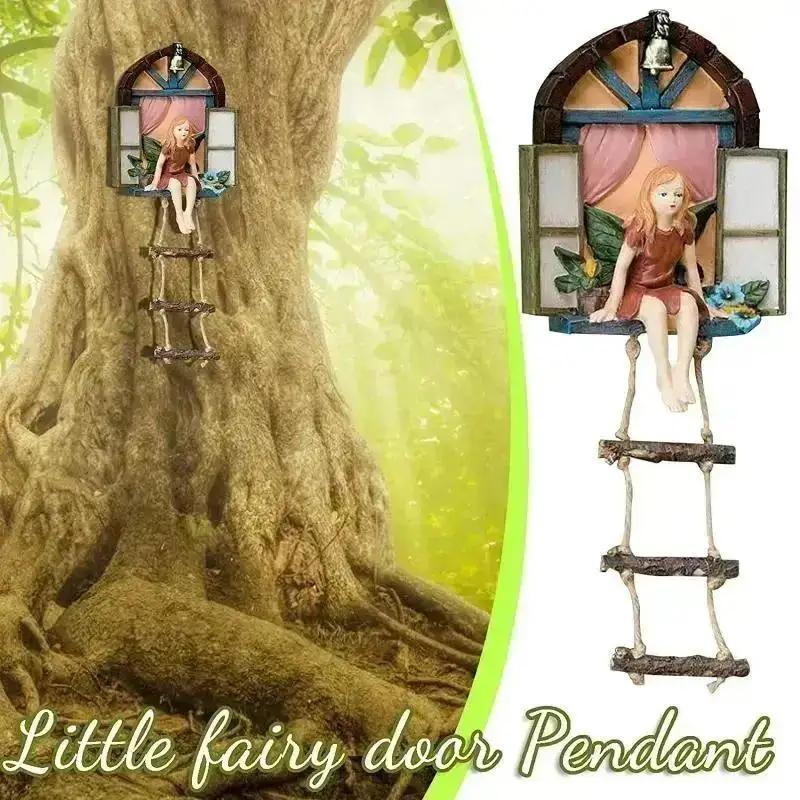 New Fairy House Tree Hanging Sculpture Window Ladder Resin Statue Figurine Outdoor Ornament Home Garden Supplies Yard Art Decor