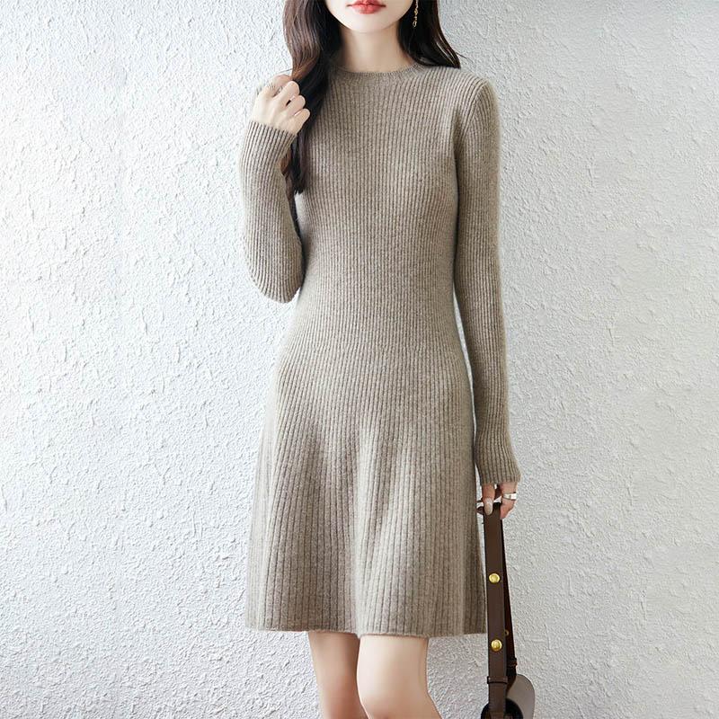Women Sweater Dress 100% Wool TIDENOVEL O-neck Knit Long Pullover Winter Jumpers Wool Long Dress Female