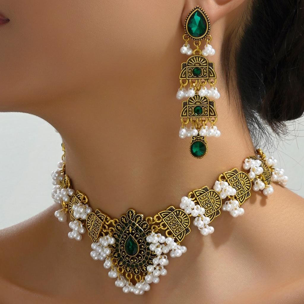 2025 New Design Vintage Ethic Style  Necklace Earring  Sets  Pearl Water Drop Shaped Tassel Bridal Sets