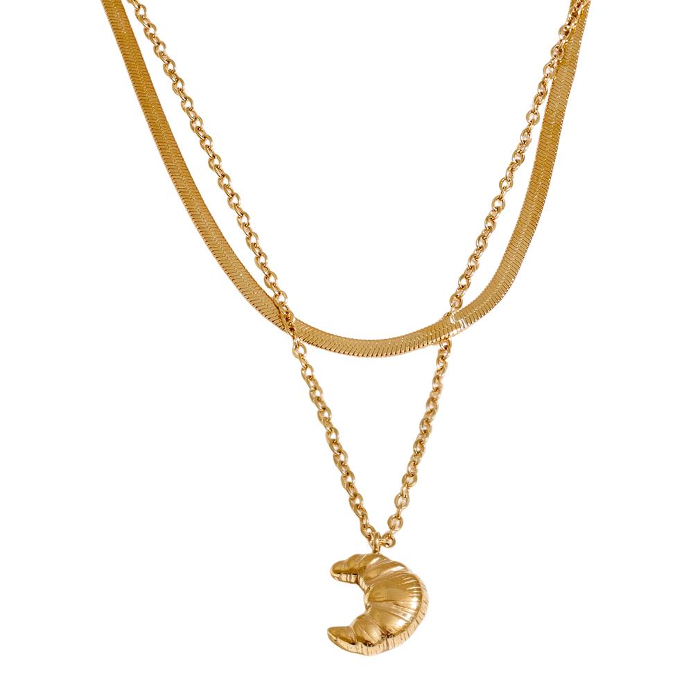 Yhpup New Stainless Steel Snake Chain Double Layer Croissant Overlay Necklace Pendant Fashion Unique Chic Trendy Korean Jewelry