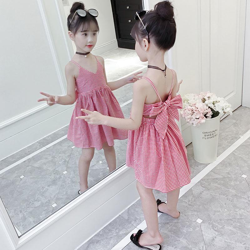 

Літня картата сукня на підтяжках для дівчаток 2023 року – вбрання принцеси в корейському стилі 120cm (Height 105-115cm) червоний