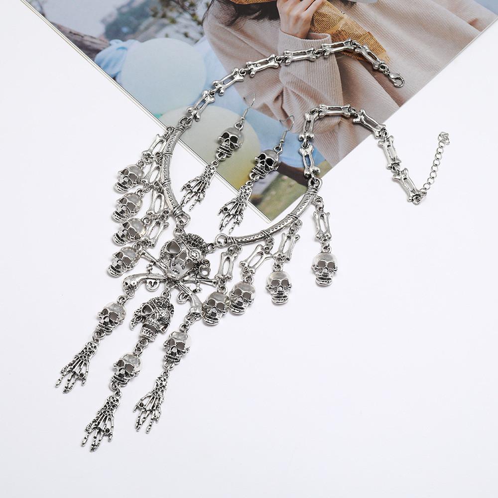 Skull Geometric Vintage Pendant Necklace With Tassel Chain For Gothic Punk Fans