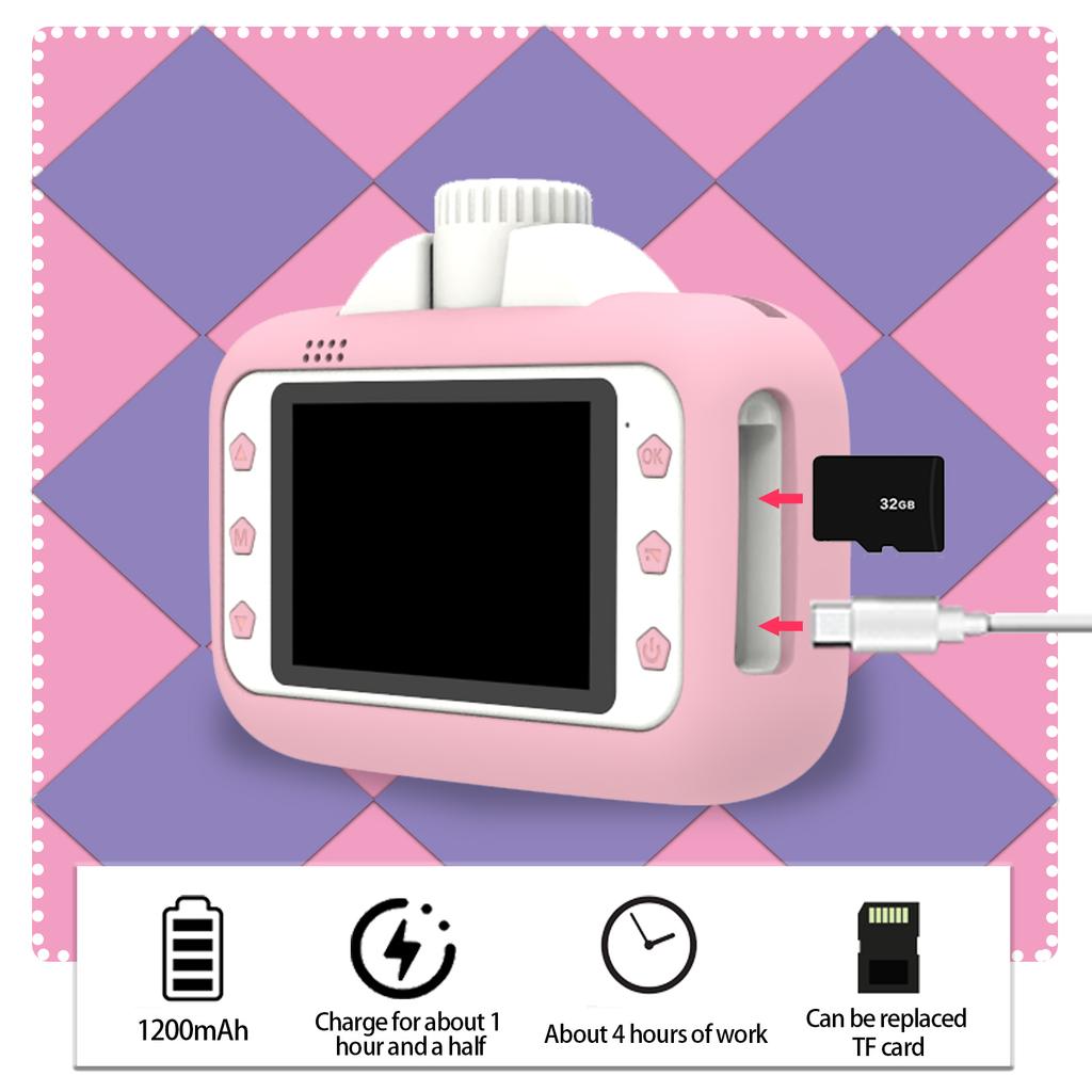 Kid Camera Children 1080P Digital Camera Thermal Print 3.5Inch IPS Screen 180° Rotatable 4K Lens Photo Selfie 32GB Memory Card