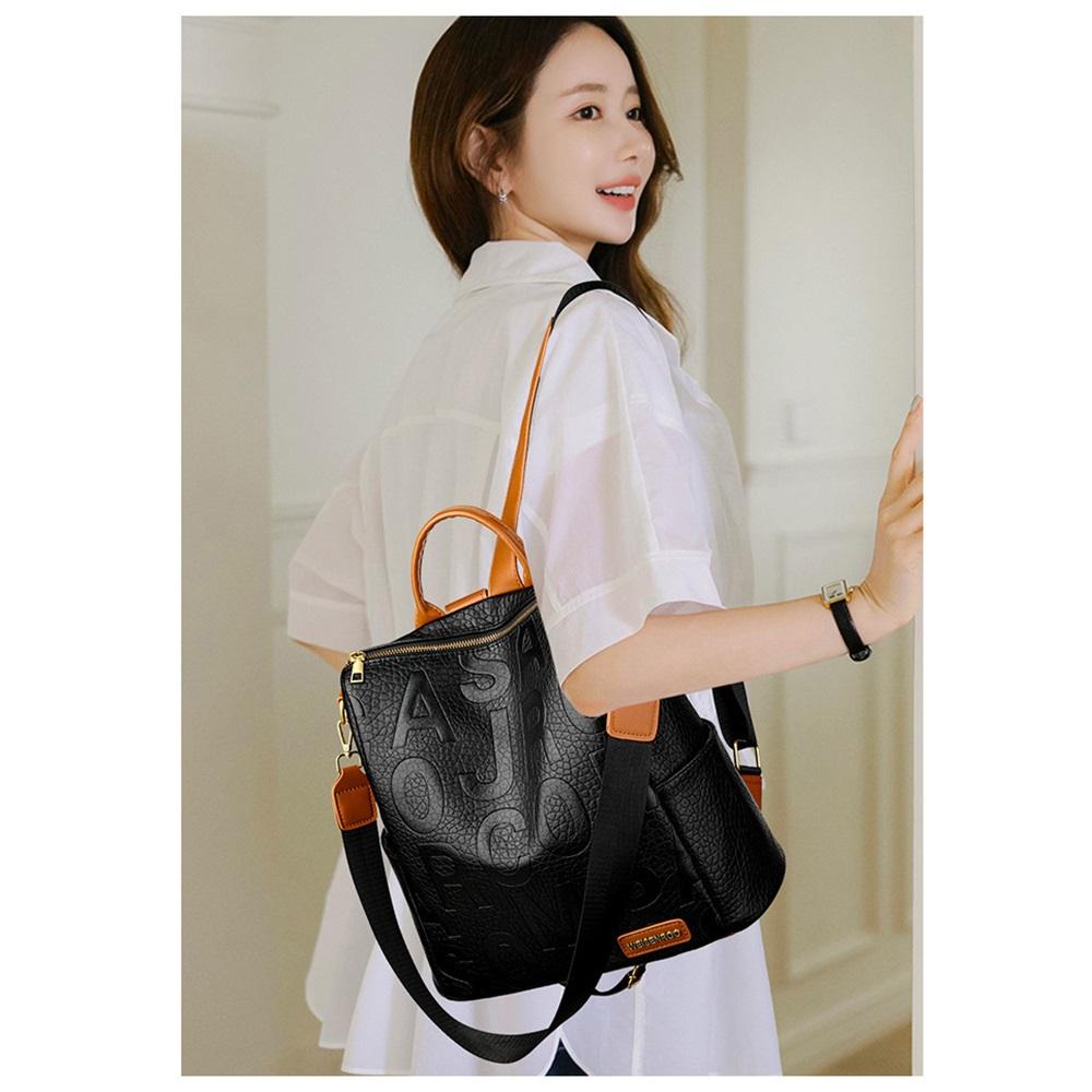 Embossed Letter Convertible Backpack For Women Color Block Casual Commuter Bag