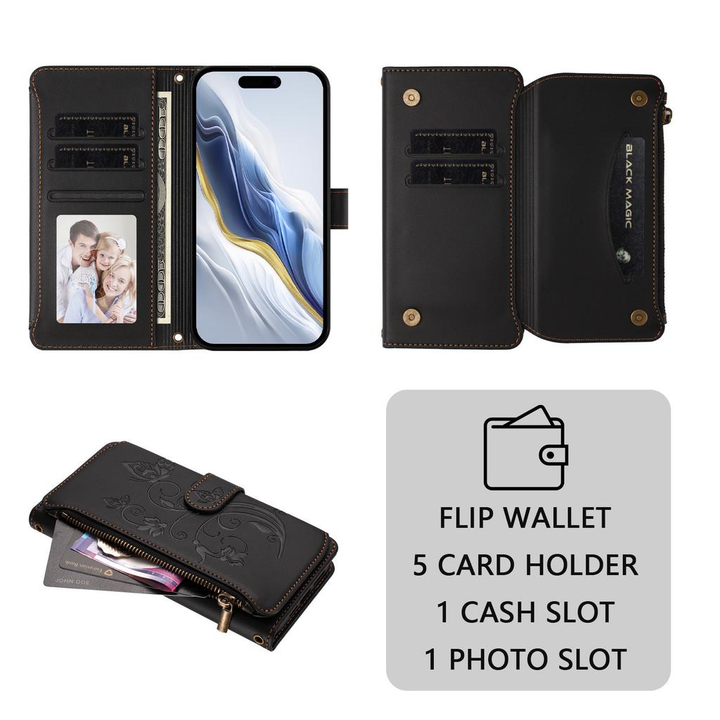 For iPhone 16 Pro Max Leather Case Butterfly Floral Imprint Zipper Wallet Stand Cover with Wrist Strap