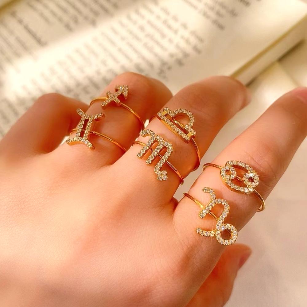 CARLIDANA Vintage Letter Heart Adjustable Gold Plated Stainless Steel 12 Zodiac Sign Zircon Letter Open Ring Jewelry Women