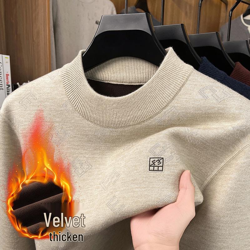 Men's Half-High Collar Jacquard Sweater with Velvet Lining - Warm, Skin-Friendly Knit Base Layer for Fall/Winter