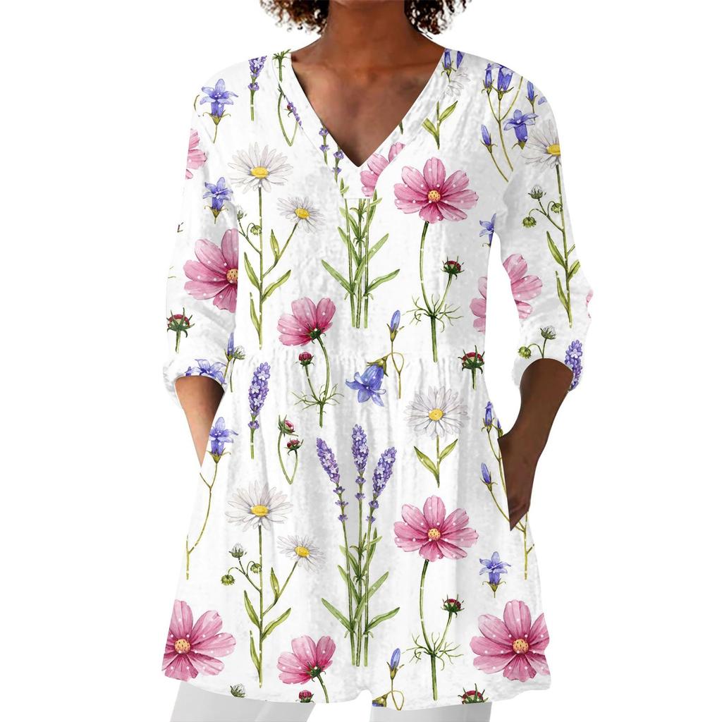 Dámská móda Tištěný V výstřih 3/4 rukáv Kapsa Ležérní Volný střih Svetr Top