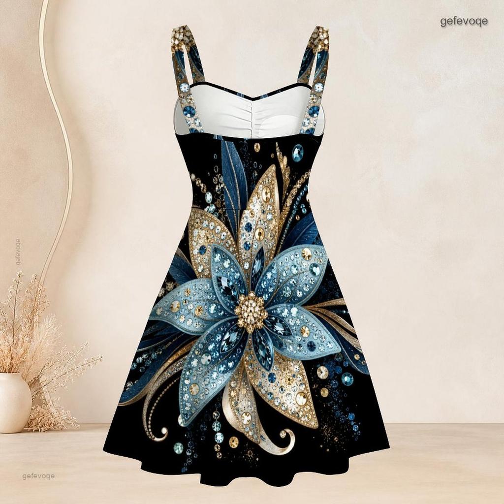 Women Plus Size Strappy Off Shoulder Dress Square Neck Sleeveless Geometric Star Print Flared Hem