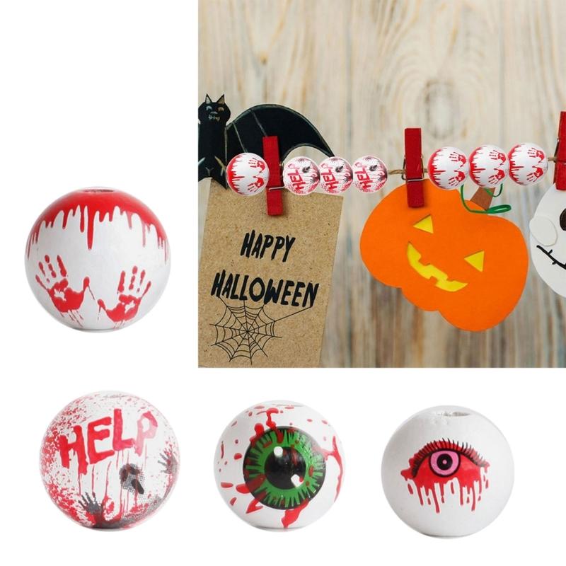 40 Stück Runde Perlen Halloween Holzperlen Gruselige Augäpfel Muster Holzperlen für Basteln Halsketten Schlüsselanhänger Herstellung