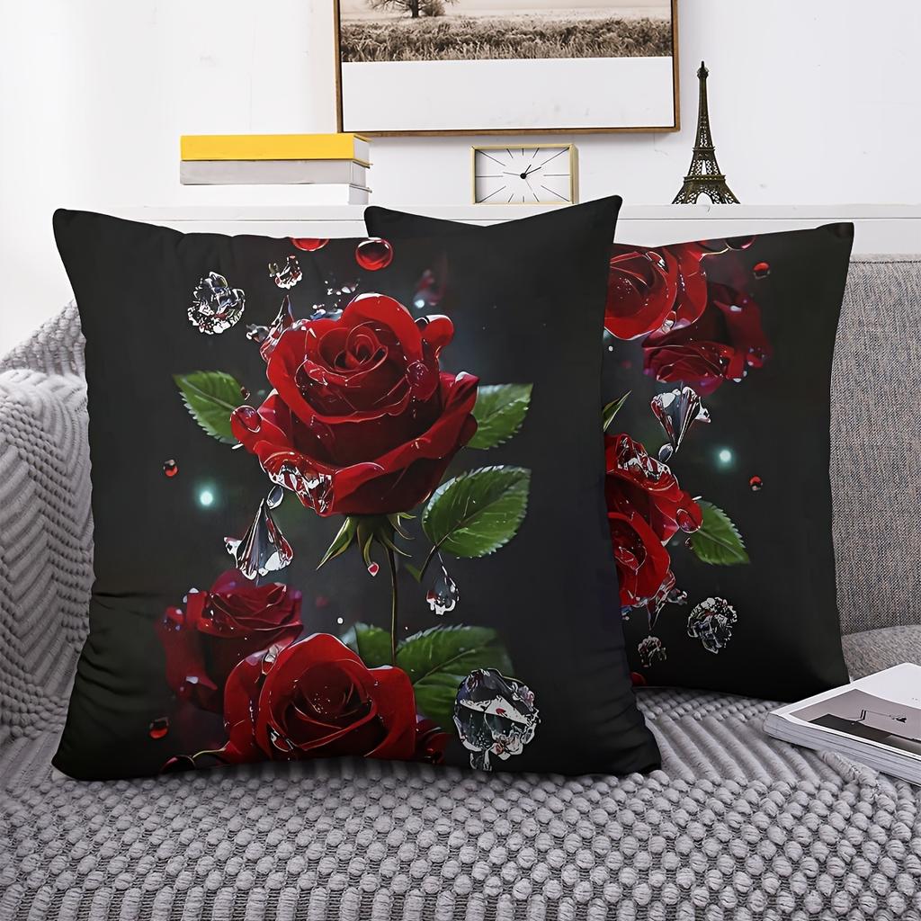 Stylish Water Drop Rose Pattern Double-Sided Decorative Pillowcases, Cushion Covers For Sofa And Bedroom