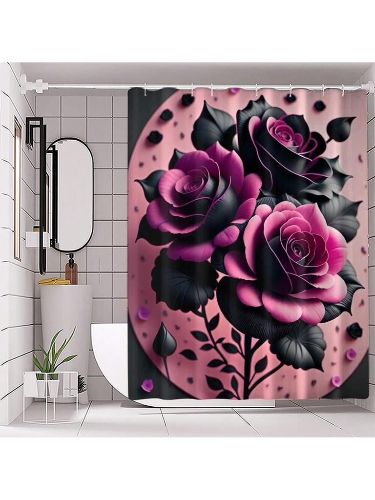 Valentine'S Day Pink Rose Bathroom Set: Bath Curtain, Toilet Lid Cover, U-Shape Rug, Bathroom Accessories