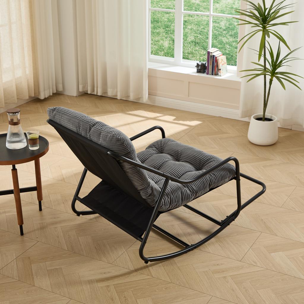 Outdoor Rocking Chair, Comfy Cushion, with Soft Thick Cushion,for Living Room, Bedroom, Reading Room, Black Frame with Grey Cushion