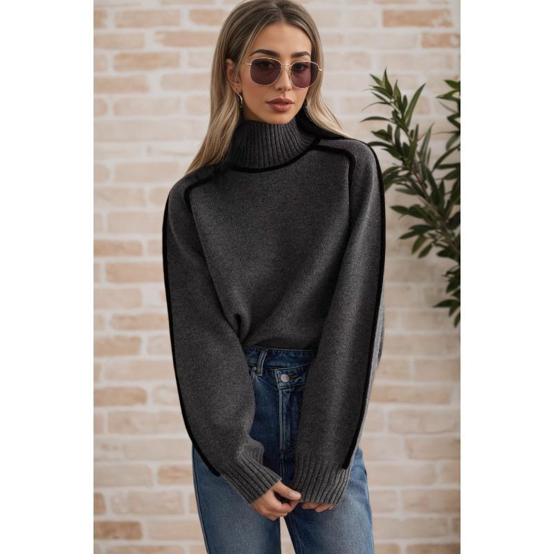 Womens Fall Fashion Vezfaa Casual Winter Colour Block Print Long Sleeve High Neck Sweaters