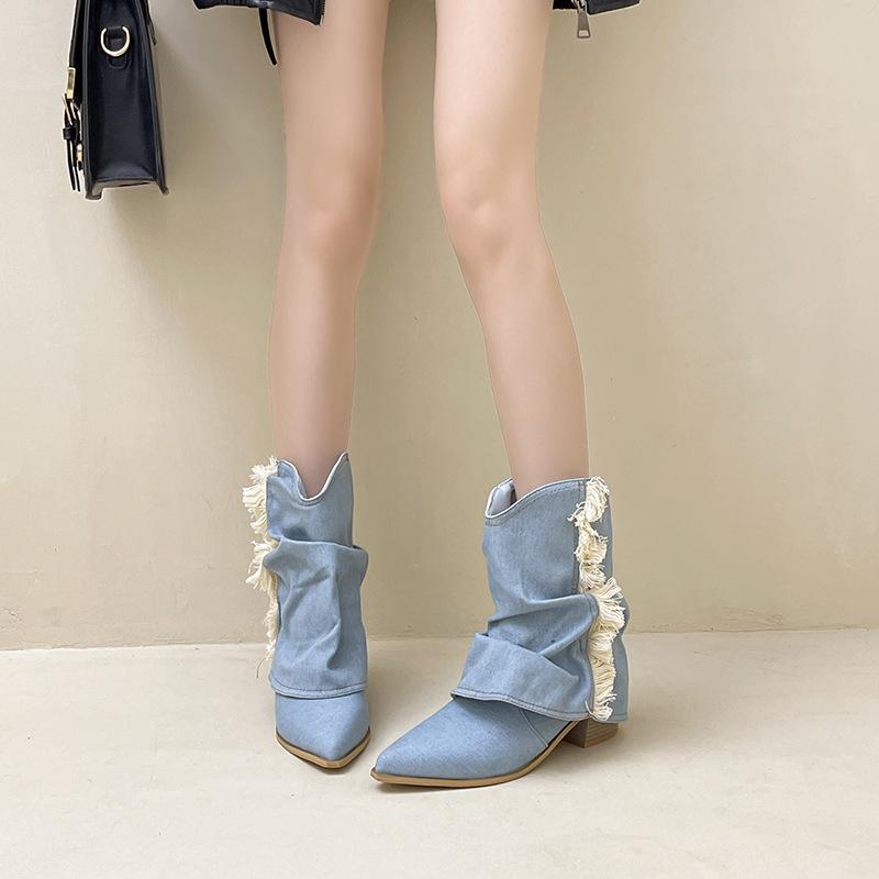 Versatile Retro Pointed Short Boots Thin Cowboy Boots Autumn and Winter Fashion Pleated Trouser Boots Thick Heel Medium Tube Fashion Boots