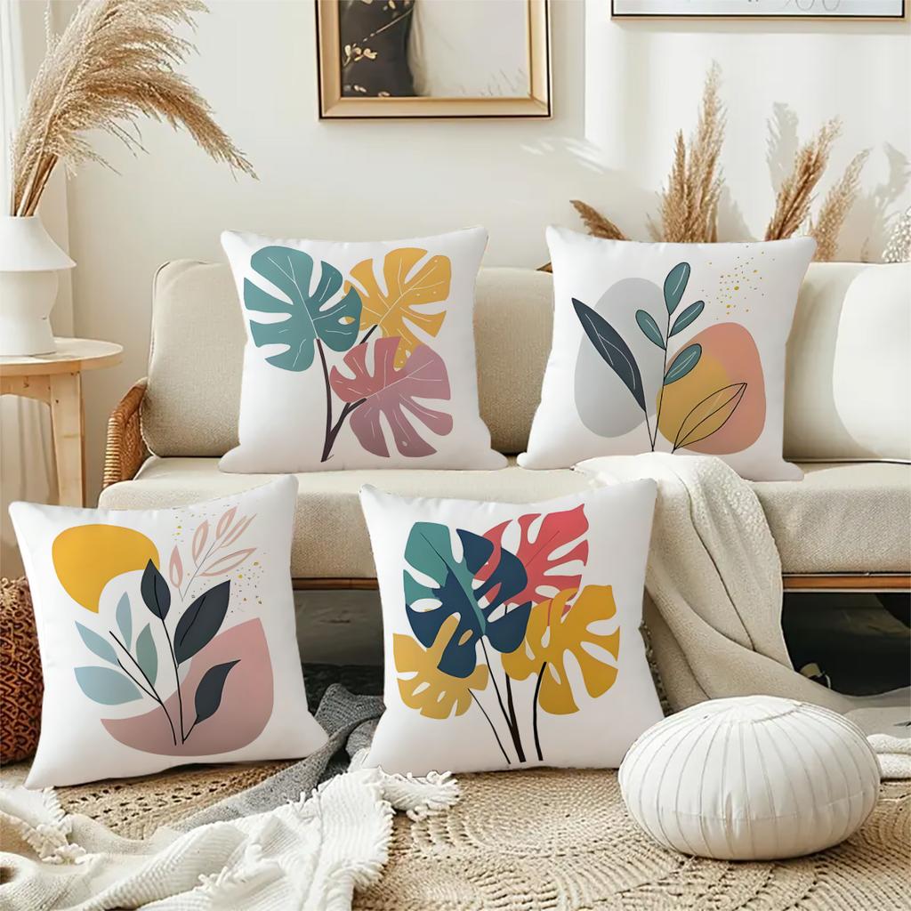 4Pcs Macaron-Colored Plants Digital Printing Pillow Cover Short Plush Suitable Living Rooms Bedrooms Sofas Throw Cushion Cover