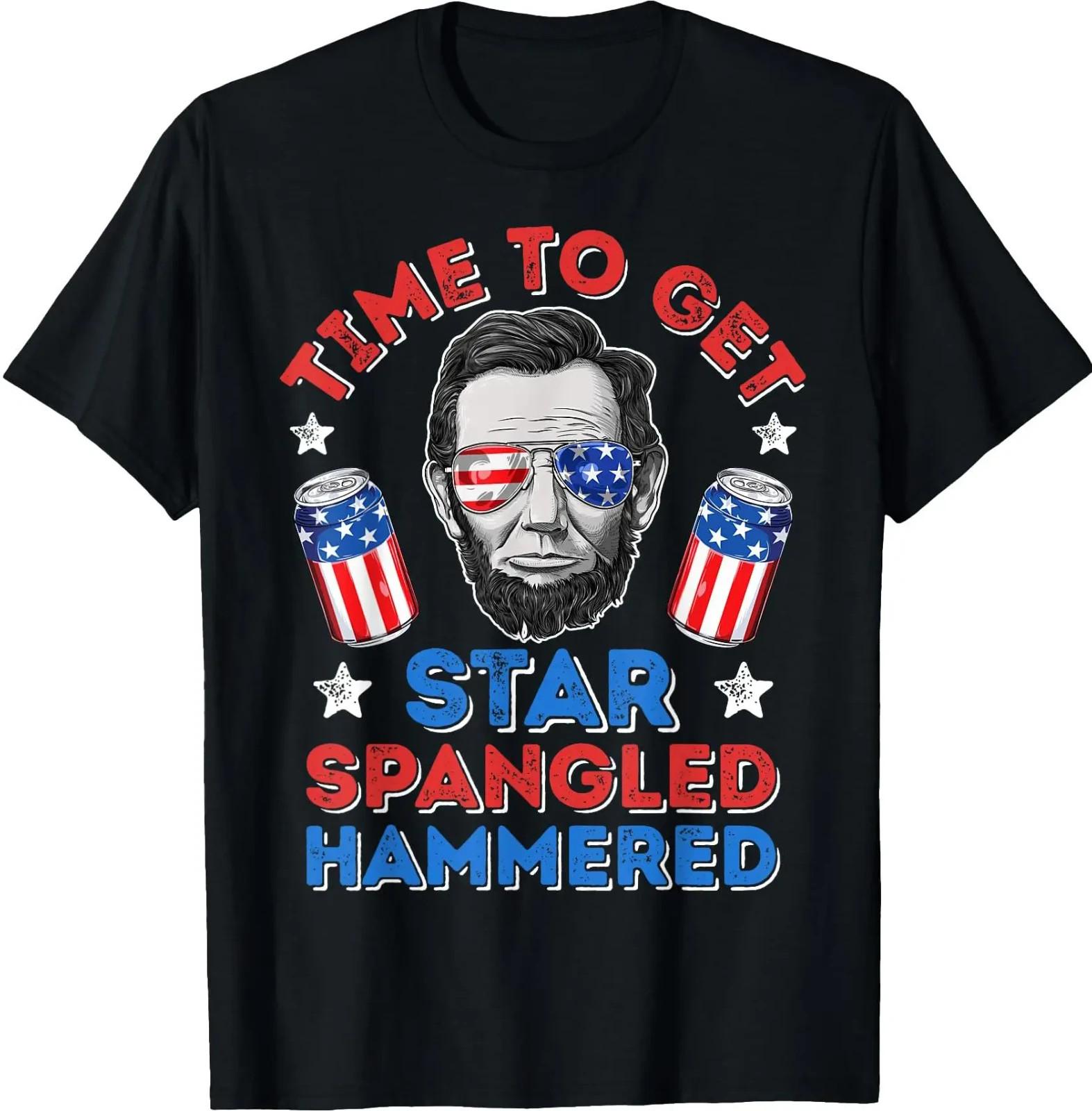 Cotton Crewneck Graphic Tees Abe Lincoln 4th Of July Time To Get Star Spangled L