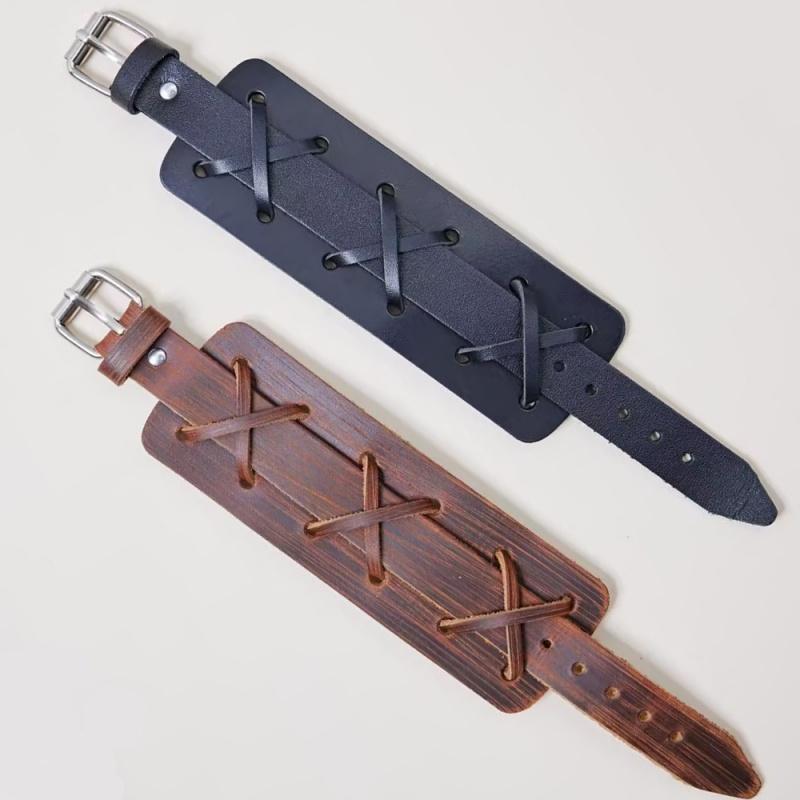 New Fashion Men Wide Genuine Leather Bracelet Brown Black Wide Cuff Bracelets & Bangles Vintage Punk Wristband Men Jewelry Gift